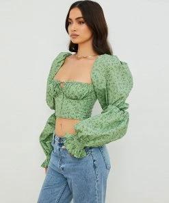 Trendy & Unique Ditsy Printed Tied Front Bustier Puff Sleeve Crop Top - Green