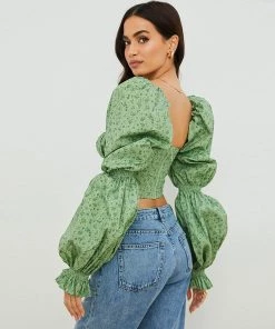 Trendy & Unique Ditsy Printed Tied Front Bustier Puff Sleeve Crop Top - Green