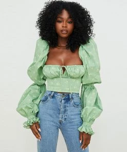 Trendy & Unique Ditsy Printed Tied Front Bustier Puff Sleeve Crop Top - Light Green