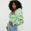 Trendy & Unique Ditsy Printed Tied Front Bustier Puff Sleeve Crop Top - Light Green