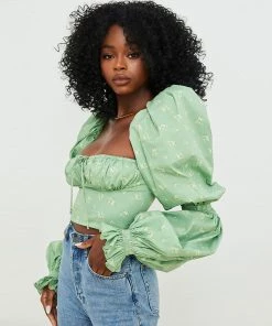 Trendy & Unique Ditsy Printed Tied Front Bustier Puff Sleeve Crop Top - Light Green