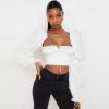 Trendy & Unique Ditsy Printed Tied Front Bustier Puff Sleeve Crop Top - White