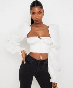 Trendy & Unique Ditsy Printed Tied Front Bustier Puff Sleeve Crop Top - White