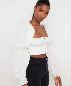 Trendy & Unique Ditsy Printed Tied Front Bustier Puff Sleeve Crop Top - White