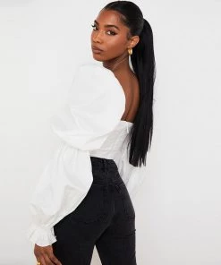 Trendy & Unique Ditsy Printed Tied Front Bustier Puff Sleeve Crop Top - White