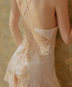 Trendy & Unique What's New Lace Up Back Spaghetti Strap Deep V Lace Satin Chemise - Light Pink