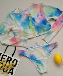 Trendy & Unique Dreamy Tie Dye Long Sleeve Crop Rash Guard Bikini Set - Multicolor What's New