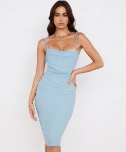 Trendy & Unique What's New Elegant Cowl Neck Mesh Corset Cocktail Midi Dress - Baby Blue