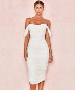 Trendy & Unique What's New Elegant Cowl Neck Off Shoulder Ruched Cocktail Midi Dress - White