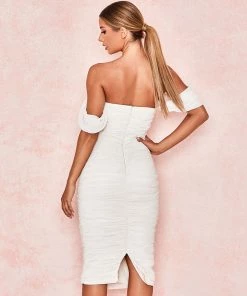 Trendy & Unique What's New Elegant Cowl Neck Off Shoulder Ruched Cocktail Midi Dress - White