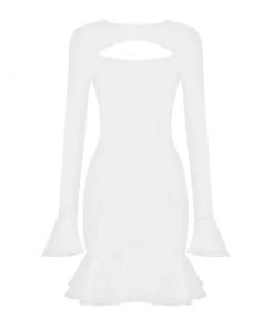 Trendy & Unique Elegant Cut Out Crew Neck Long Sleeve Ruffle Party Mini Dress - White What's New