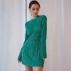 Trendy & Unique Elegant Cut Out Round Neck Long Sleeve Pleated Mini Dress - Green