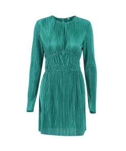 Trendy & Unique Elegant Cut Out Round Neck Long Sleeve Pleated Mini Dress - Green