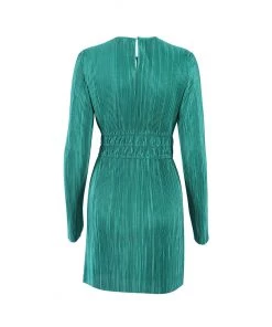 Trendy & Unique Elegant Cut Out Round Neck Long Sleeve Pleated Mini Dress - Green