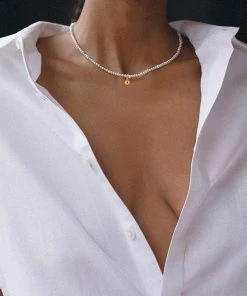 Trendy & Unique Elegant Pearl Embellished Plated Bead Pendant Choker Necklace - White Jewelry