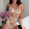 Trendy & Unique What's New Embroidery Garter Thong Mesh Underwire Balconette Bra Set - Flower