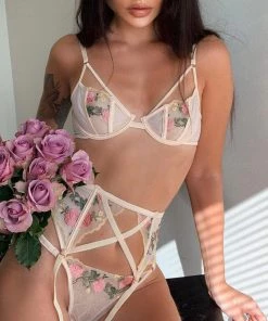 Trendy & Unique What's New Embroidery Garter Thong Mesh Underwire Balconette Bra Set - Flower