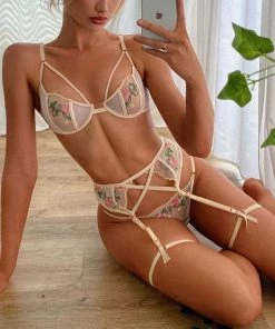 Trendy & Unique What's New Embroidery Garter Thong Mesh Underwire Balconette Bra Set - Flower