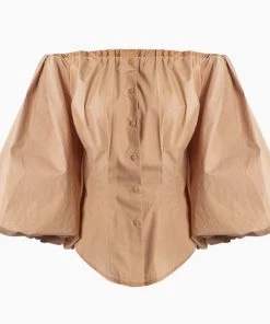 Trendy & Unique Exaggerated Balloon Sleeve Off Shoulder Blouse - Khaki What's New