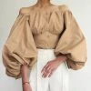 Trendy & Unique Exaggerated Balloon Sleeve Off Shoulder Blouse - Khaki What's New