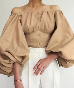 Trendy & Unique Exaggerated Balloon Sleeve Off Shoulder Blouse - Khaki What's New
