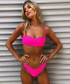 Trendy & Unique Eye-Catching Ribbed High Leg Bralette Bikini Set - Hot Pink What's New