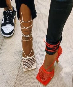 Trendy & Unique What's New Eye-Catching Strappy Square Toe Mesh High Heel Sandals - Apricot
