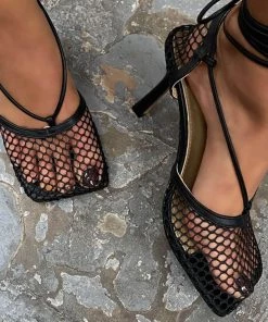 Trendy & Unique Eye-Catching Strappy Square Toe Mesh High Heel Sandals - Black What's New