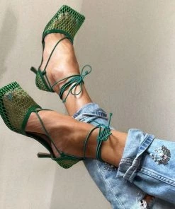 Trendy & Unique Eye-Catching Strappy Square Toe Mesh High Heel Sandals - Green What's New