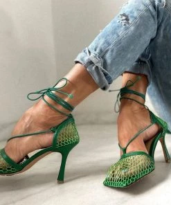 Trendy & Unique Eye-Catching Strappy Square Toe Mesh High Heel Sandals - Green What's New