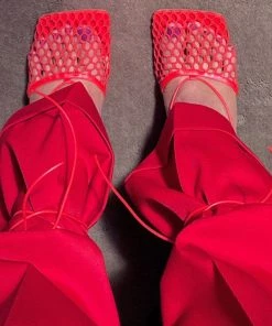 Trendy & Unique Eye-Catching Strappy Square Toe Mesh High Heel Sandals - Red