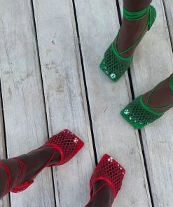 Trendy & Unique Eye-Catching Strappy Square Toe Mesh High Heel Sandals - Red