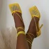 Trendy & Unique What's New Eye-Catching Strappy Square Toe Mesh High Heel Sandals - Yellow