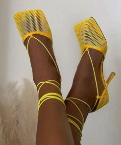 Trendy & Unique What's New Eye-Catching Strappy Square Toe Mesh High Heel Sandals - Yellow