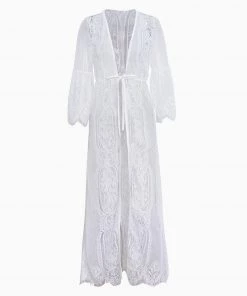 Trendy & Unique What's New Sweet Eyelash Lace Half Sleeve Tie Front Maxi Cover Up - White 9 Trendy & Unique What's New Sweet Eyelash Lace Half Sleeve Tie Front Maxi Cover Up - White