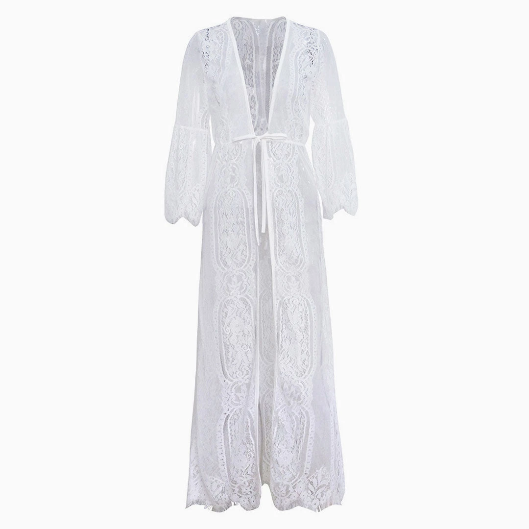 Trendy & Unique What's New Sweet Eyelash Lace Half Sleeve Tie Front Maxi Cover Up - White 6 Trendy & Unique What's New Sweet Eyelash Lace Half Sleeve Tie Front Maxi Cover Up - White