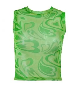 Trendy & Unique What's New Fall In Love Gradient Heart Printed Mesh Crop Tank Top - Green