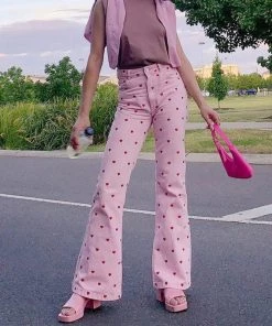 Trendy & Unique What's New Fall In Love Heart Printed High Waist Skinny Flare Pants - Pink