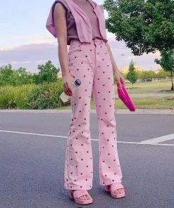 Trendy & Unique What's New Fall In Love Heart Printed High Waist Skinny Flare Pants - Pink