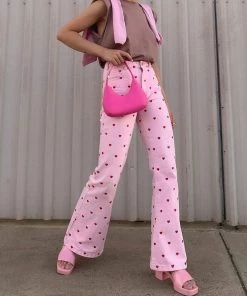 Trendy & Unique What's New Fall In Love Heart Printed High Waist Skinny Flare Pants - Pink