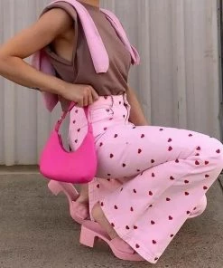 Trendy & Unique What's New Fall In Love Heart Printed High Waist Skinny Flare Pants - Pink