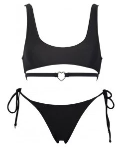 Trendy & Unique Fall In Love Metal Heart Tie String Bralette Bikini Set - Black