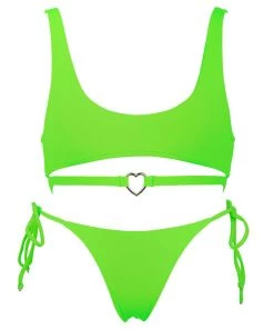 Trendy & Unique What's New Fall In Love Metal Heart Tie String Bralette Bikini Set - Green