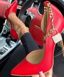 Trendy & Unique Feminine Pointed Toe Lock Trim Chain Strap Stiletto Pumps - Red What's New
