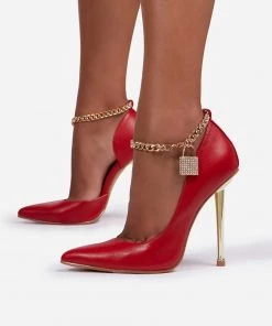 Trendy & Unique Feminine Pointed Toe Lock Trim Chain Strap Stiletto Pumps - Red What's New