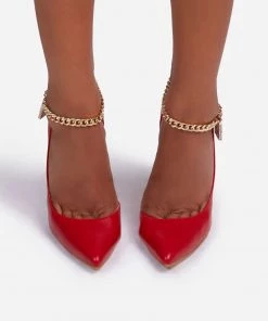 Trendy & Unique Feminine Pointed Toe Lock Trim Chain Strap Stiletto Pumps - Red What's New