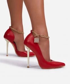 Trendy & Unique Feminine Pointed Toe Lock Trim Chain Strap Stiletto Pumps - Red What's New
