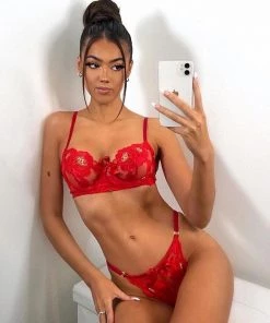 Trendy & Unique Floral Cut Embroidery Garter Thong Lace Underwire Bralette Set - Red What's New
