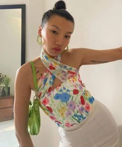 Trendy & Unique Cute Floral Printed Cross Halter Zip Back Crop Tube Top - Colorful