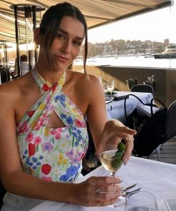 Trendy & Unique Cute Floral Printed Cross Halter Zip Back Crop Tube Top - Colorful